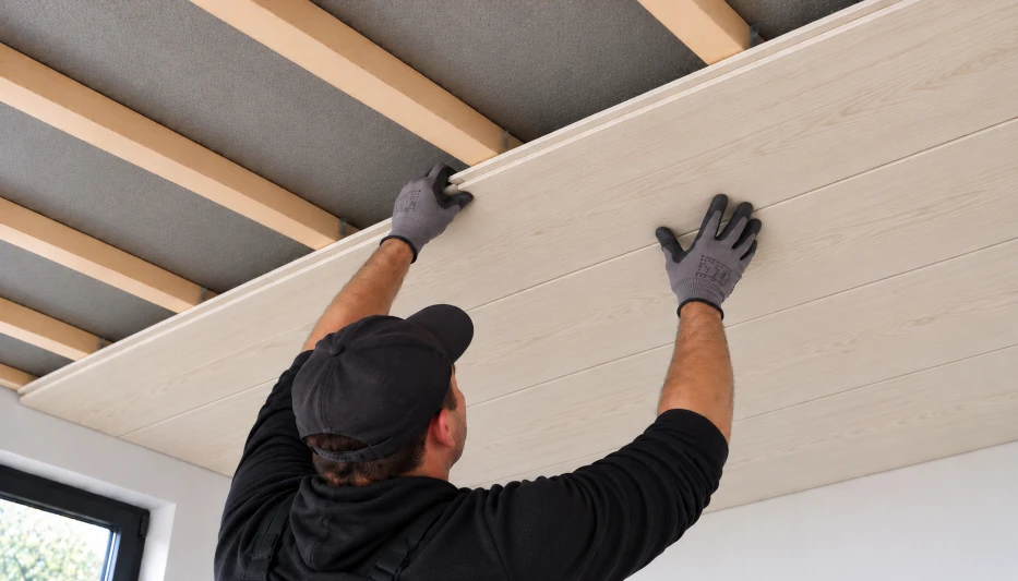 Deckenpaneele aus hellem Holz montieren